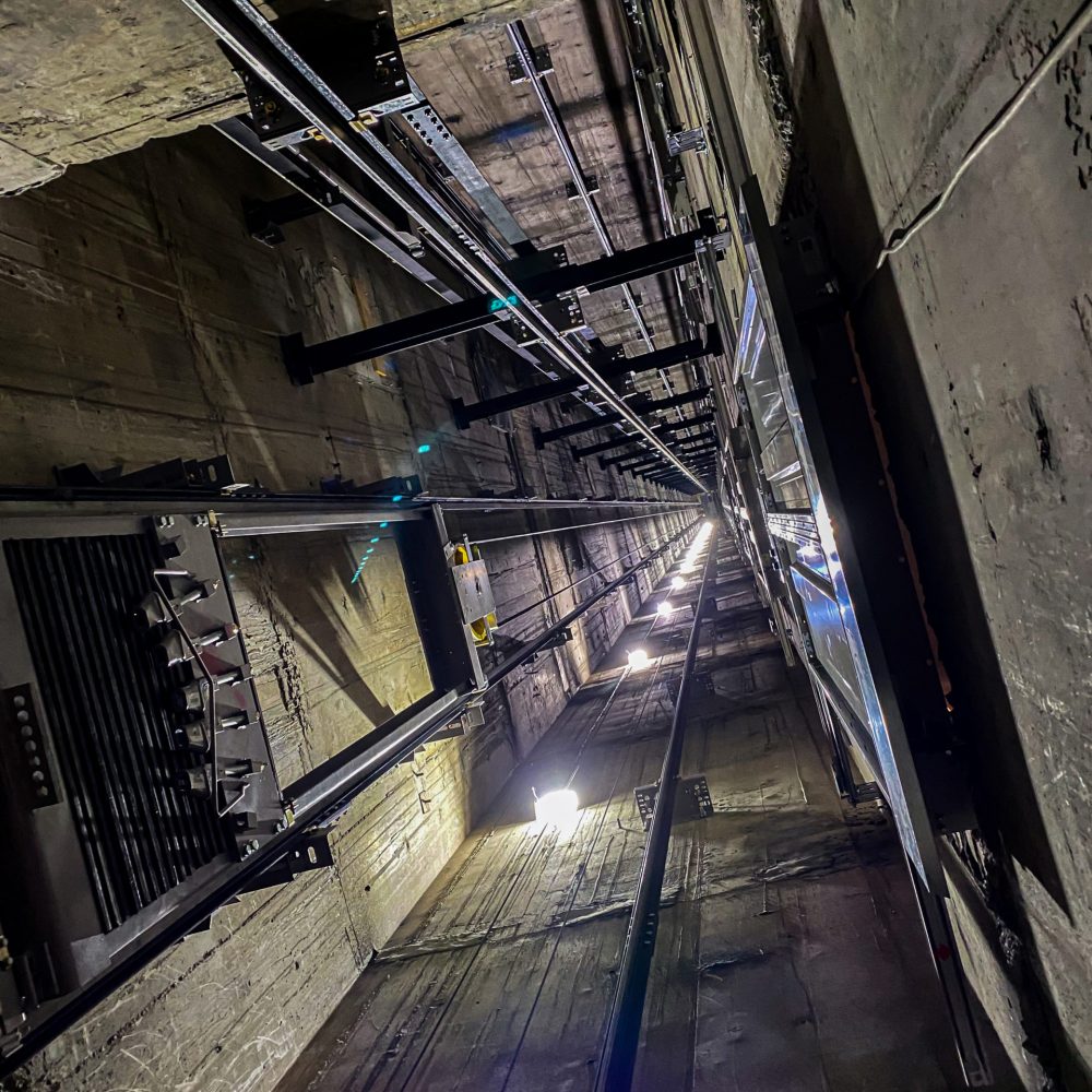 Looking up a lift (elevator) shaft in an apartment building